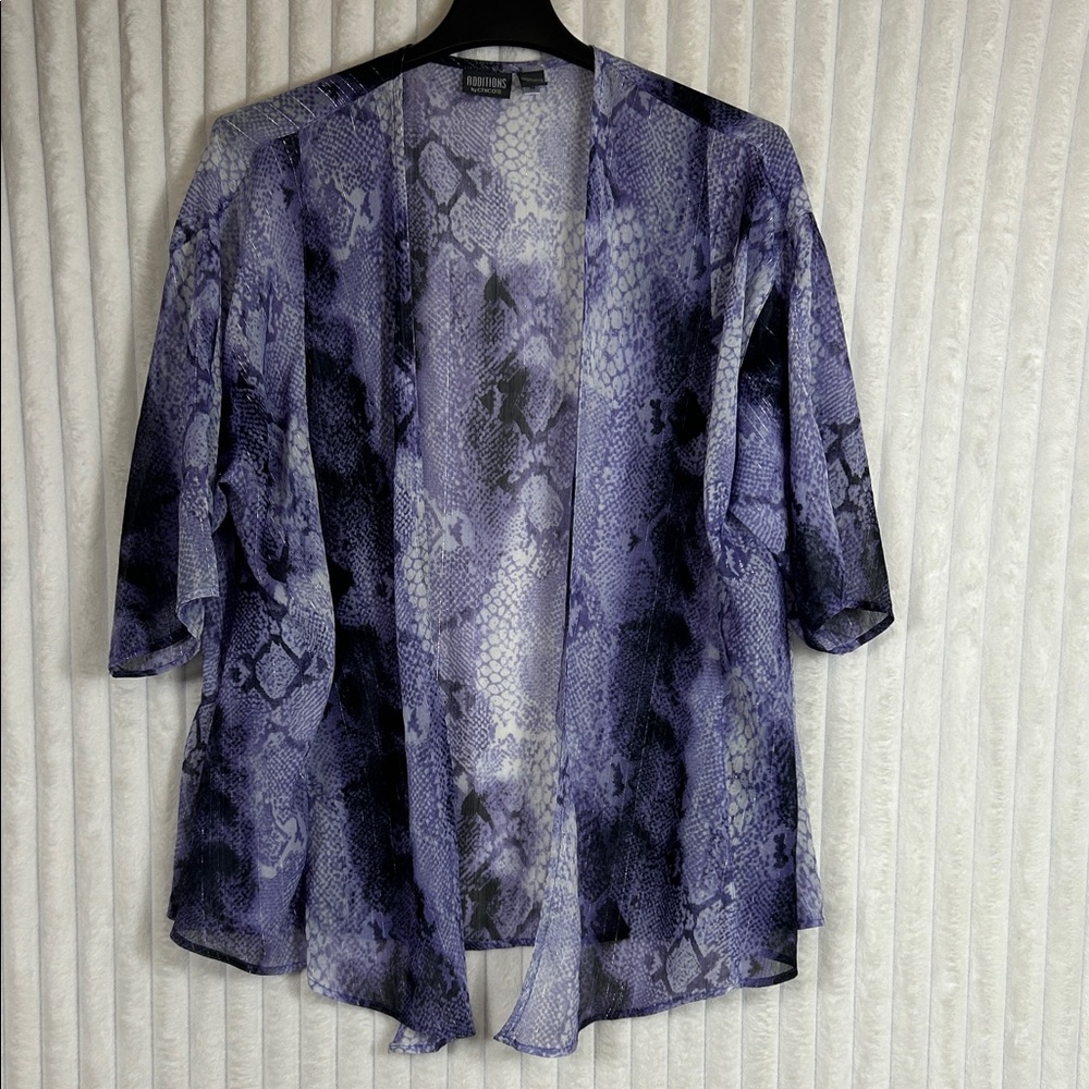 Purple snake reptile print open front semi sheer cardigan size L (12–14)
